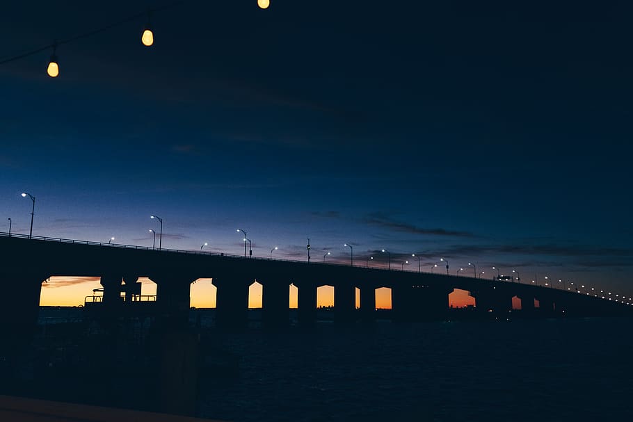 sunset, dusk, bridge, night, water, waterfront, beautiful, landscape HD wallpaper