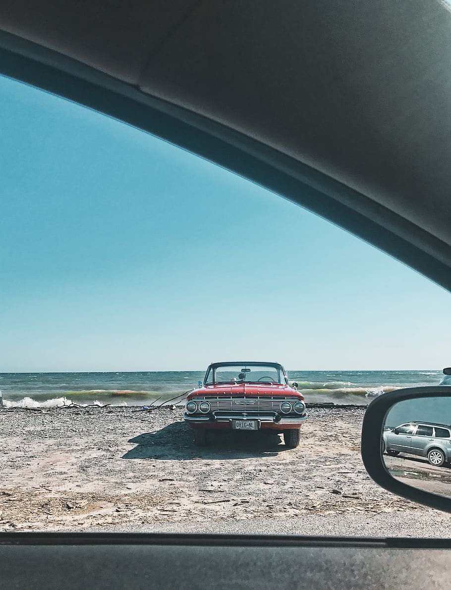 sunshine, sand, ocean, summer, wafe, beach, classic car, mode of transportation HD wallpaper