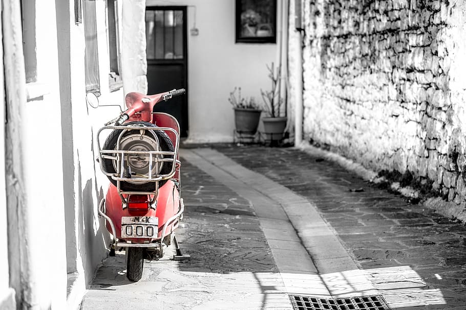 vespa, backstreet, greece, ioannina, spring, scooter, red, old, HD wallpaper