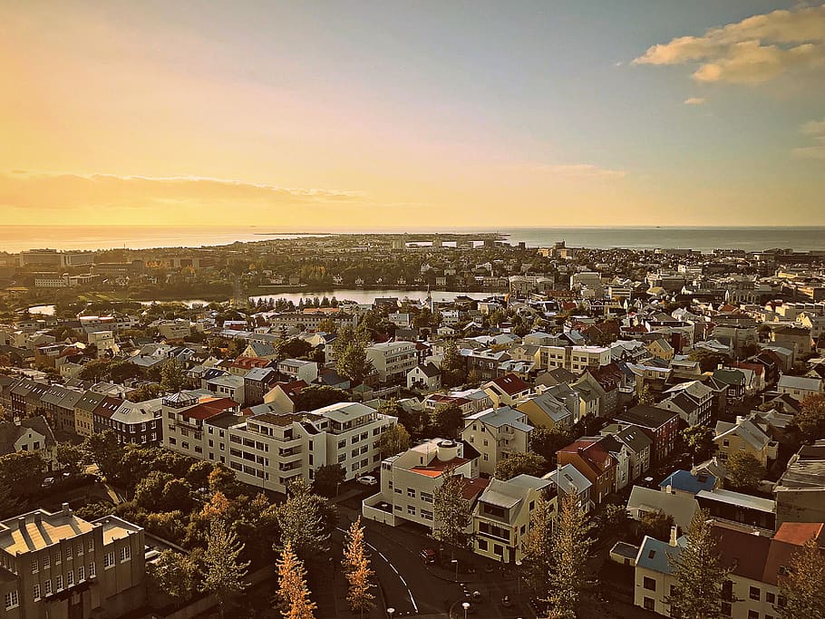 sky, perspective, house, iceland, sunset, sunrise, town, cityscape HD wallpaper