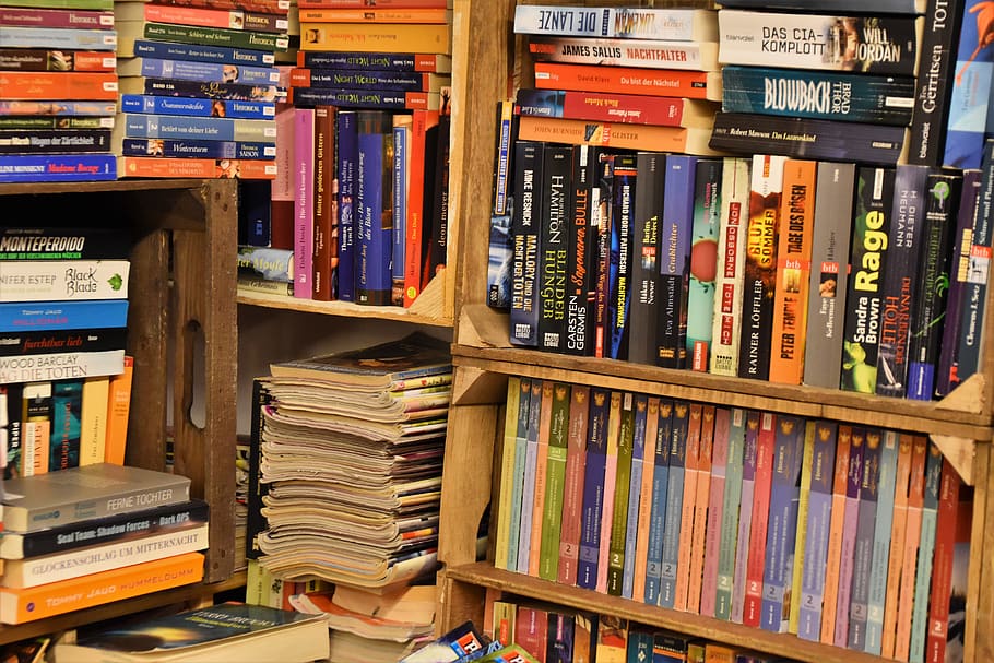 book lot, publication, shelf, large group of objects, bookshelf HD wallpaper