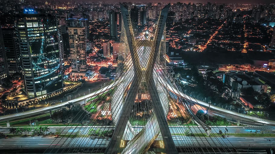 Lighted City At Night, architecture, bridge, buildings, cityscape HD wallpaper