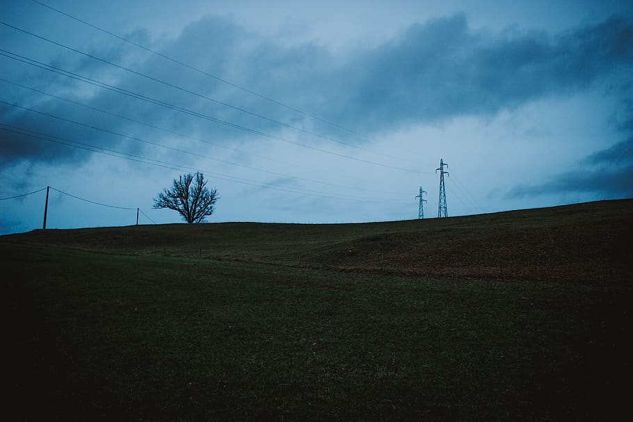 blue, dark, field, sky, storm, wallpaper, electricity, cloud - sky HD wallpaper