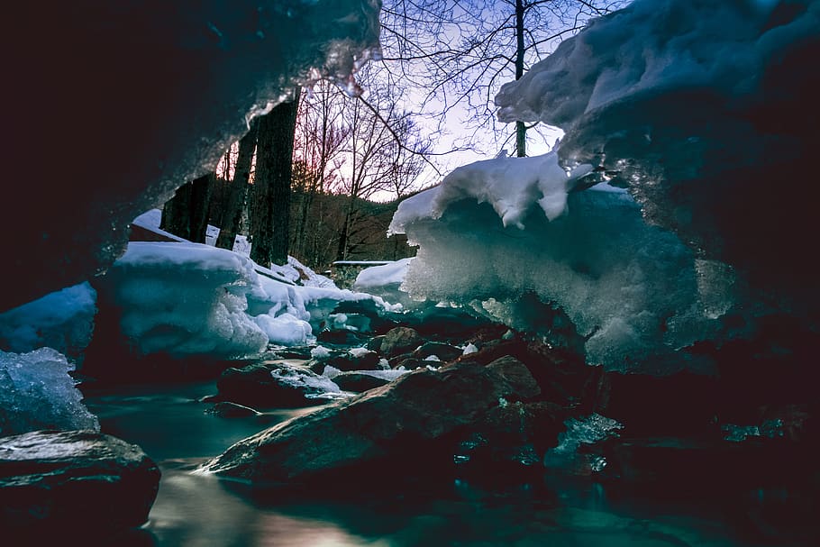 long exposure, stream, river, lanscape, nature, snow, icy, snowy HD wallpaper