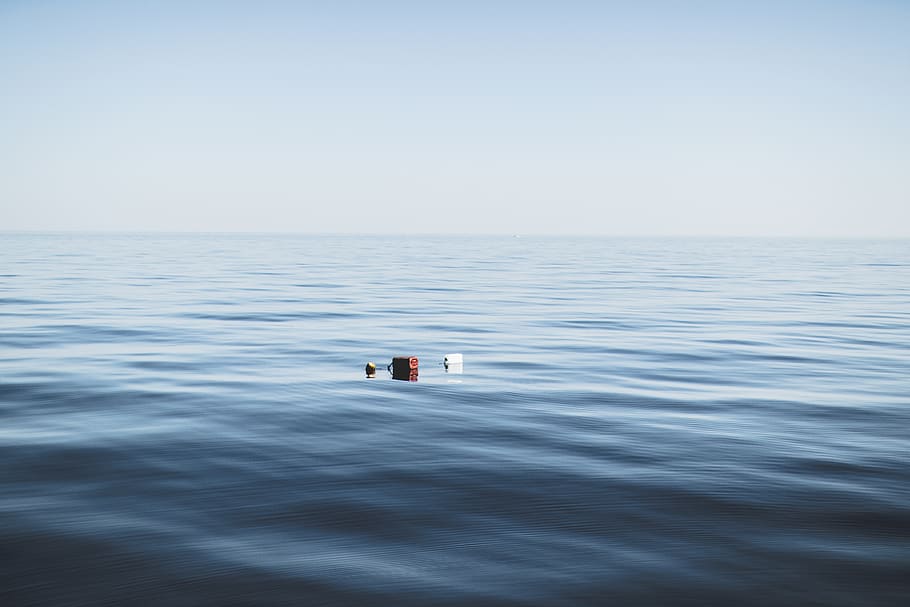 Three Red and White Floating Objects on Water, blue, blue sky HD wallpaper