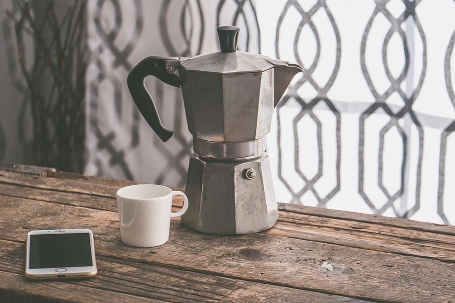 Gray Moka Pot Beside White Ceramic Cup on Brown Wooden Table HD wallpaper