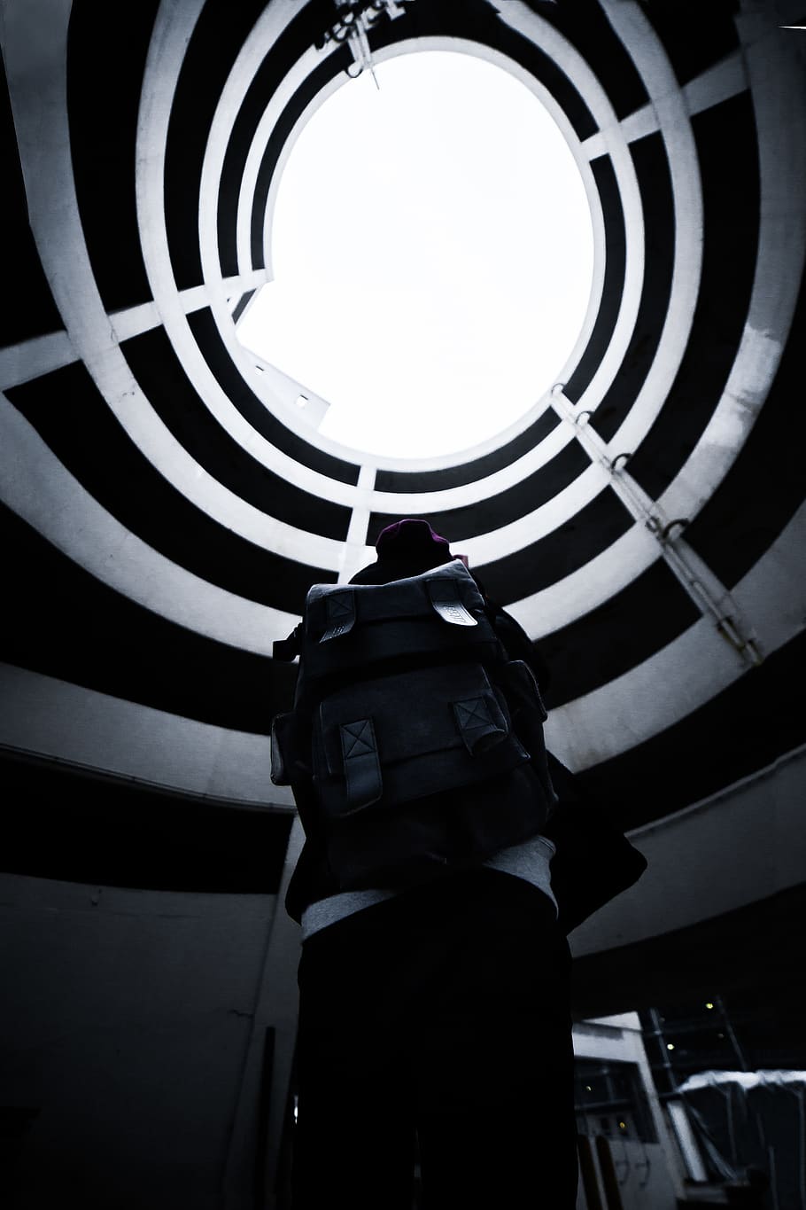 Monochrome Photo of Person Carrying Backpack, architectural design HD wallpaper