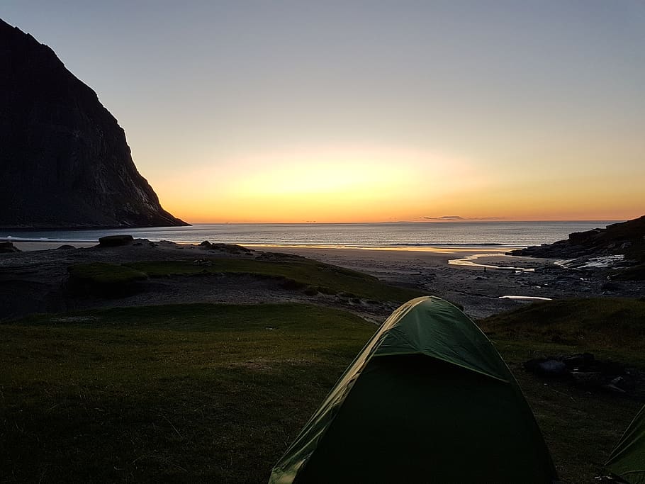 noruega, fredvang, sunset, mountain, sea, camping, nature, view, HD wallpaper