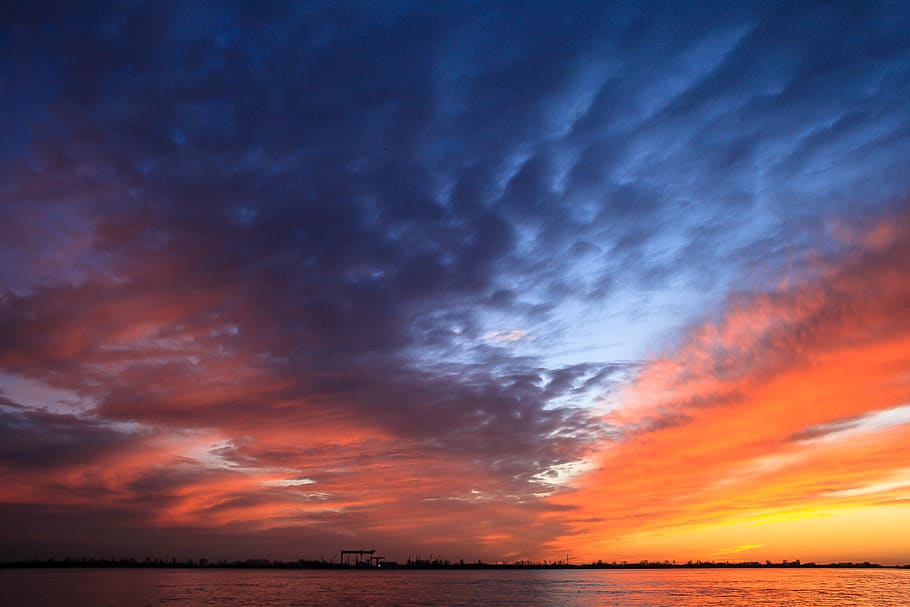 sunset, orange, blue, water, evening, sea, sky, cloud - sky HD wallpaper