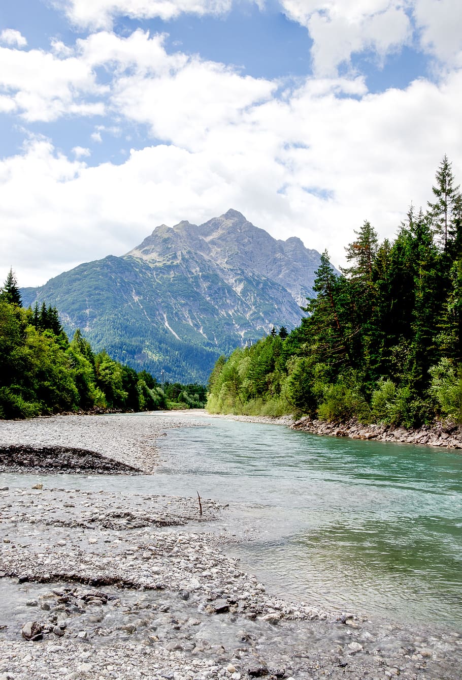 the tyrolean lech valley, austria, river, waters, mountain, HD wallpaper