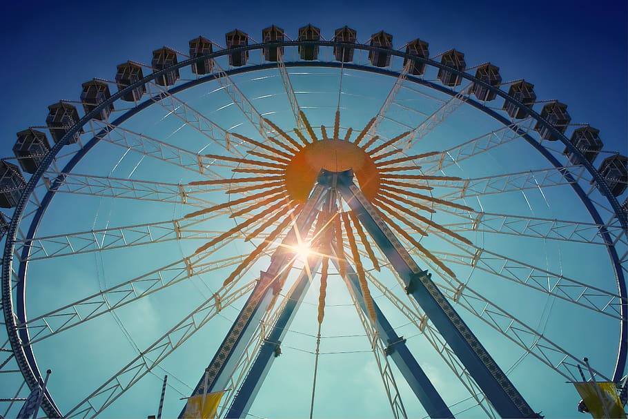 ferris wheel, sun, rays, perspective, sky, summer, shadow, silhouette HD wallpaper