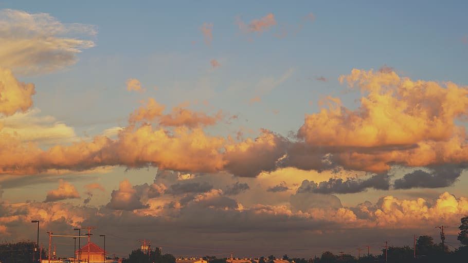 cloud, cloudscape, cloudy, telephone pole, wires, yellow, gold HD wallpaper