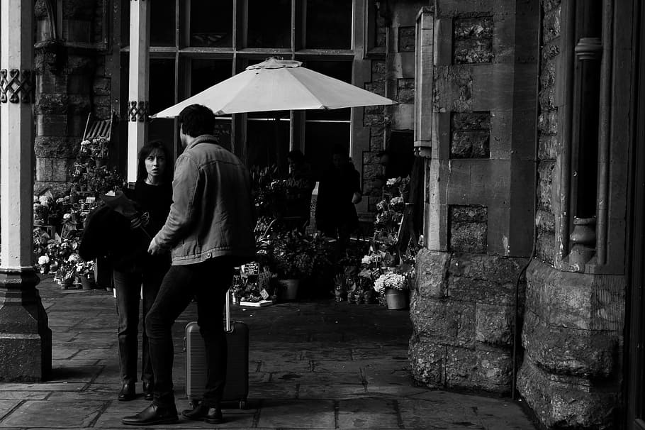 Grayscale Photography of Man Standing Beside Woman, architecture HD wallpaper