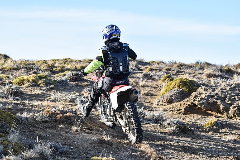 motorcyclist, all terrain, ascent, path, mountains, hiking HD wallpaper