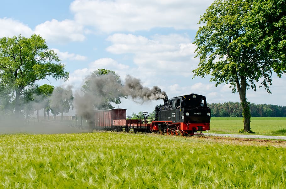 Black Train Near Tree, clouds, cloudy, country, crop, cropland HD wallpaper