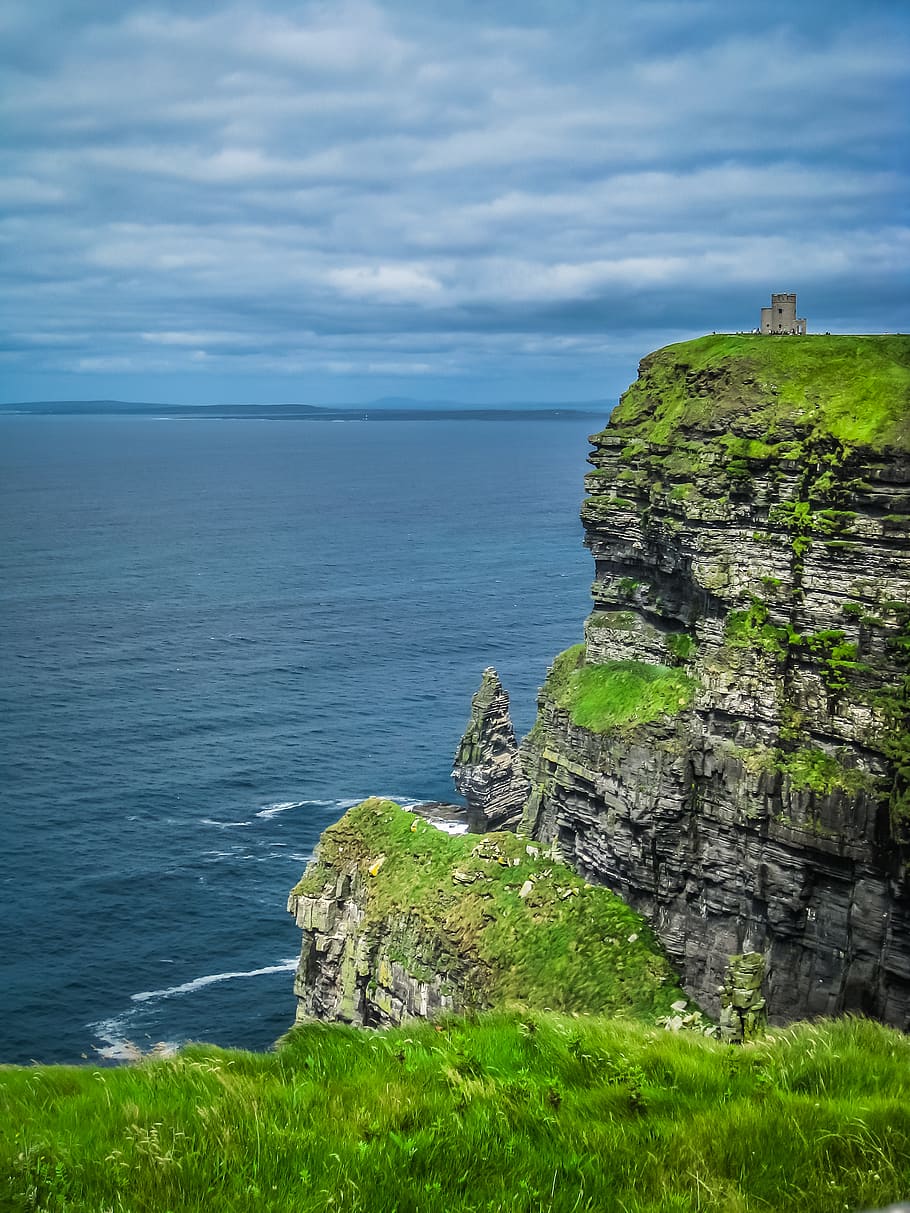 cliffs moher, landscape, nature, sea, green, blue, ireland, HD wallpaper