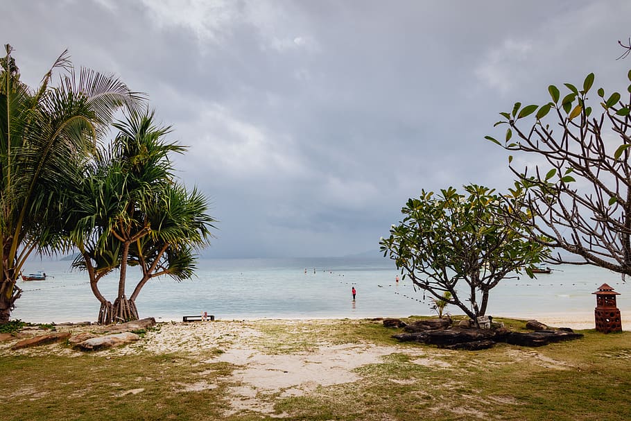 Seashore, beach, clouds, nature, ocean, phi phi, sky, thailand HD wallpaper
