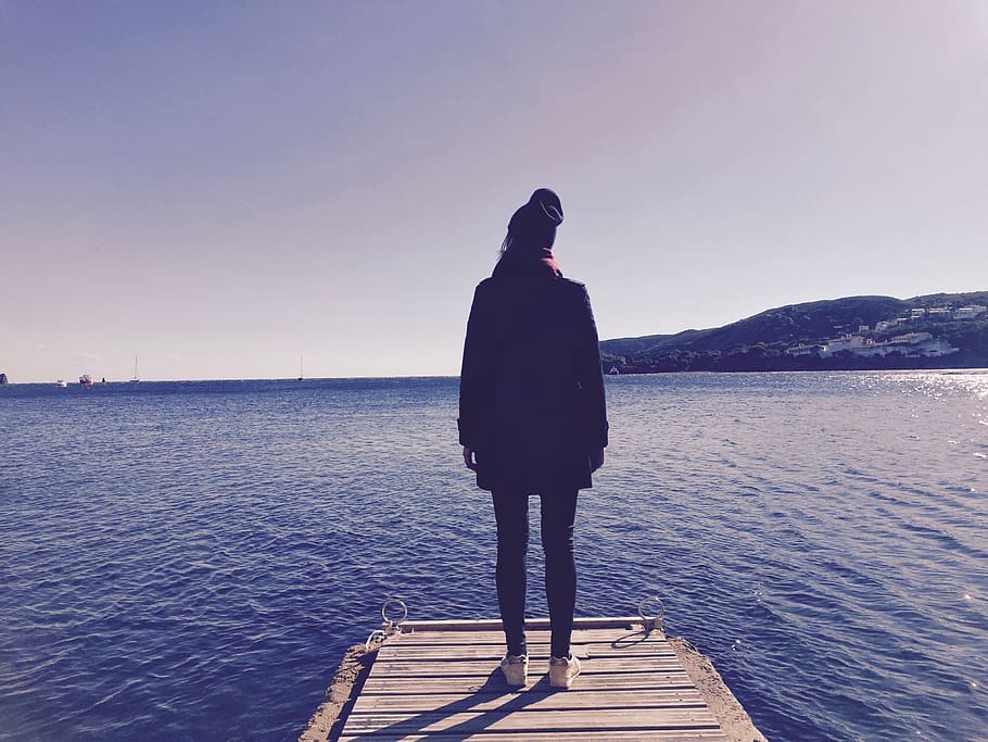 spain, cadaqués, jetty, pier, sky, sea, boat, woman, back HD wallpaper