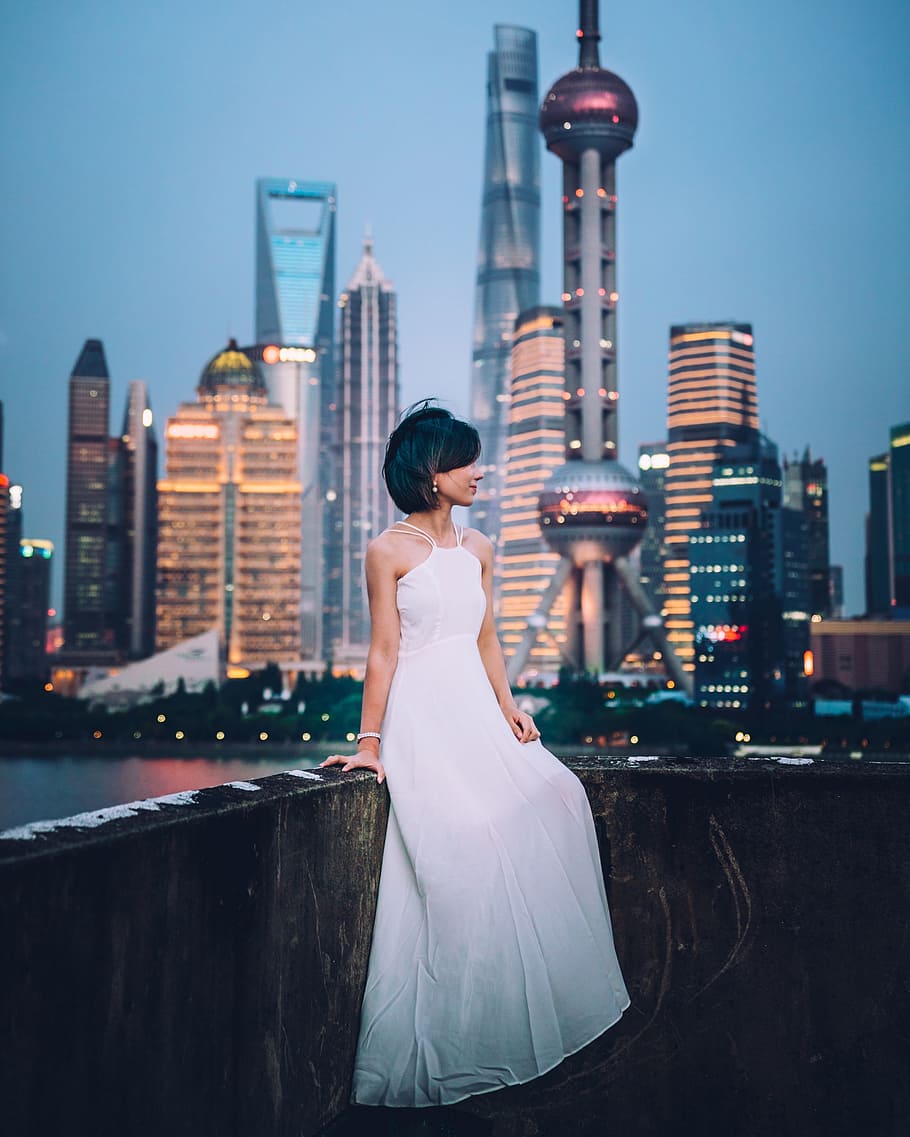 woman in white dress, female, building, fashion, style, model, HD wallpaper