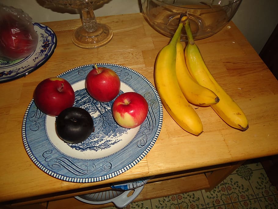 fruit, plate, bananas, plum, apple, food, table, food and drink HD wallpaper