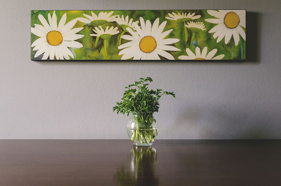 table, design, plant, wall - building feature, flower, flowering plant HD wallpaper