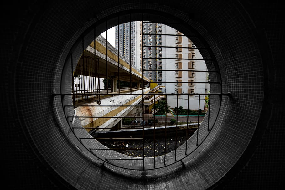 window, staircase, building, hole, gate, porthole, architecture HD wallpaper