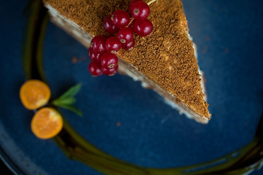 Sliced Cake on Blue Plate, berries, chocolate, close-up, delicious HD wallpaper