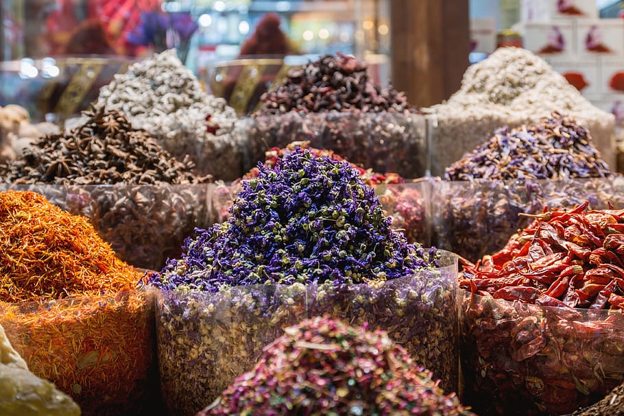 Beautiful detail on the many seasoning on a spice market, retail HD wallpaper