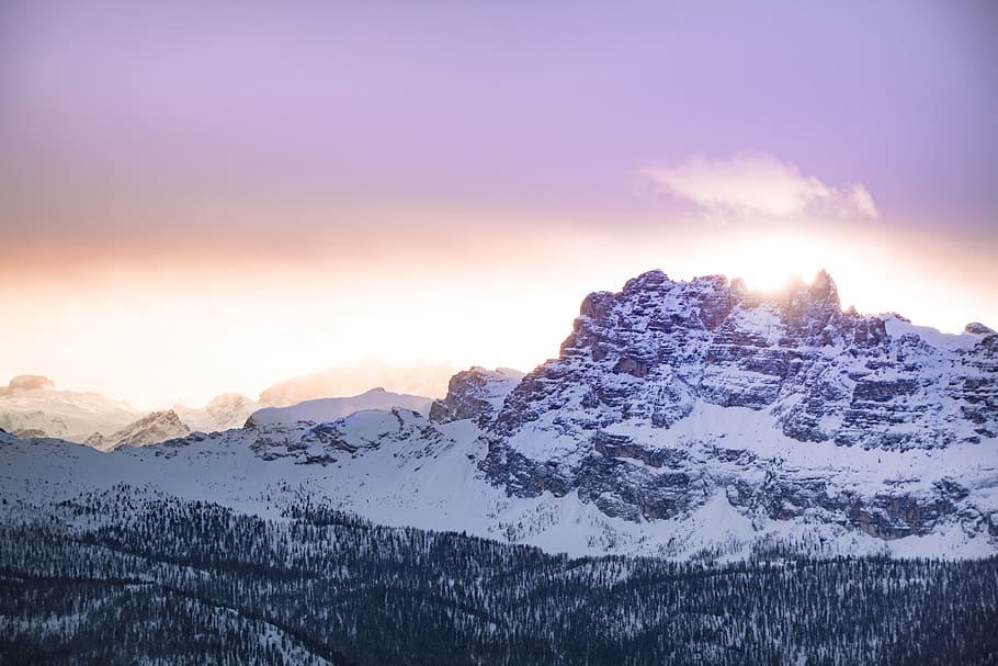 Mountain Cover by Snow Under Orange Sky, awesome, clouds, cold HD wallpaper