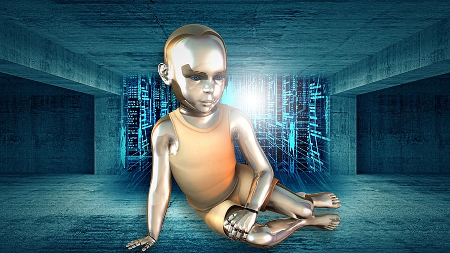 robot, child, machine, digital, figure, future, hall, light HD wallpaper