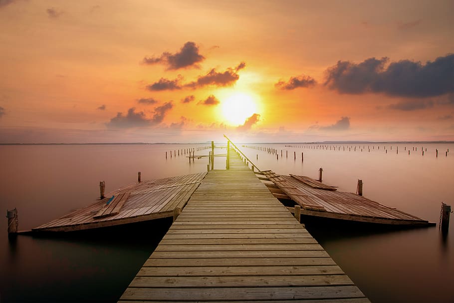 jetty, sunset, clouds, landscapes, highlights, orange, peace HD wallpaper