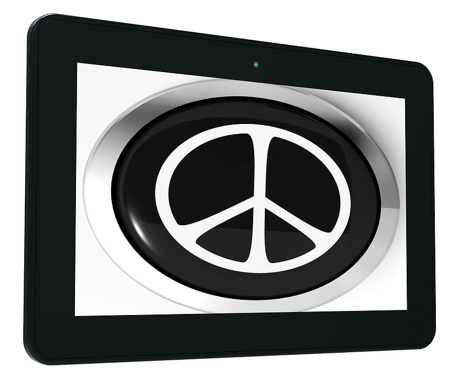 Peace Sign Tablet Showing Love Not War, button, hippie, hippy