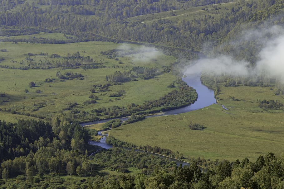 summer, river, field, trees, clouds, fog, height, birch, altai HD wallpaper