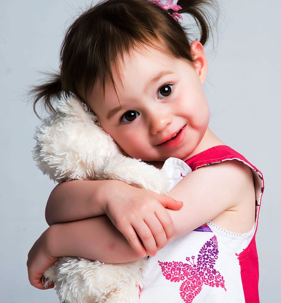 Girl Hugging Plush Toy, adorable, baby, child, cute, kid, person. 