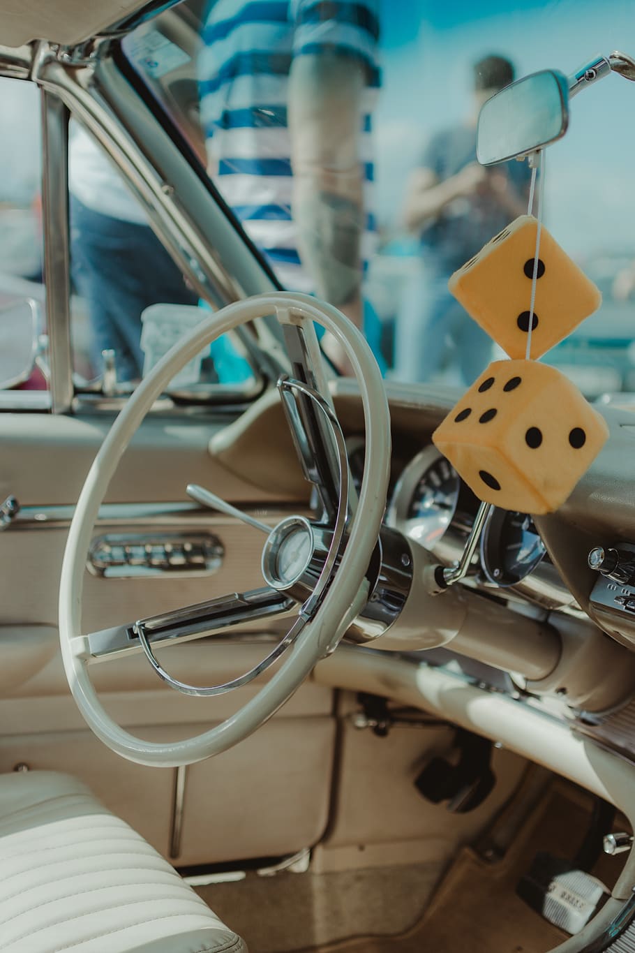 white steering wheel, chair, furniture, dice, dashboard, old HD wallpaper