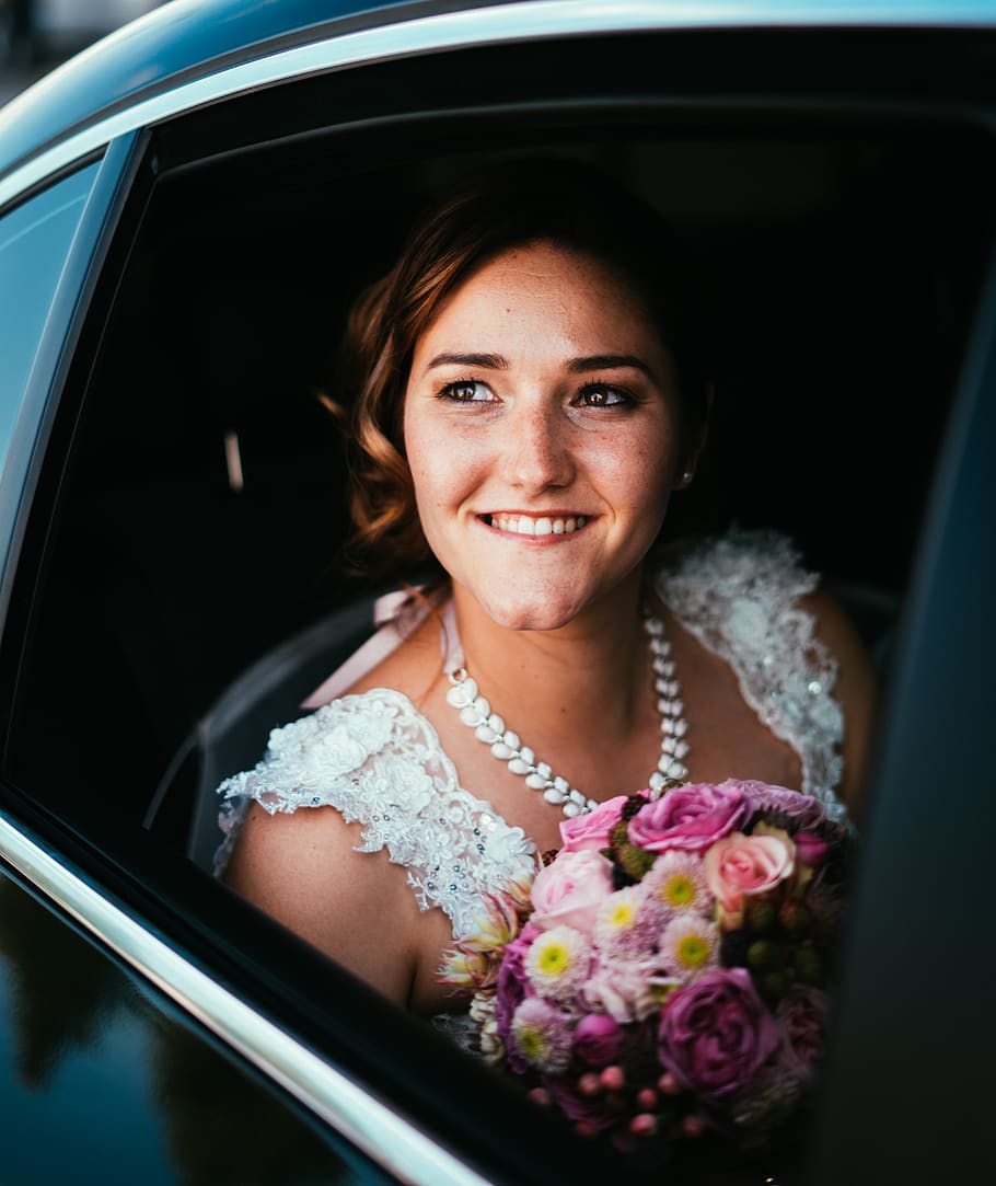 woman wearing white wedding dress sitting in vehicle, human, person, HD wallpaper