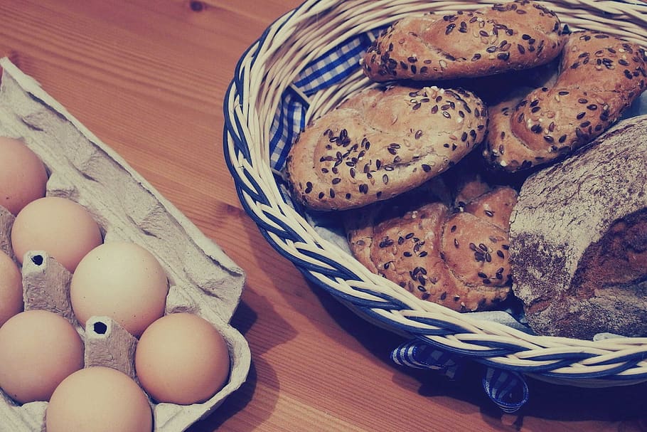 eggs, bread, pastries, breakfast, food, basket, food and drink HD wallpaper