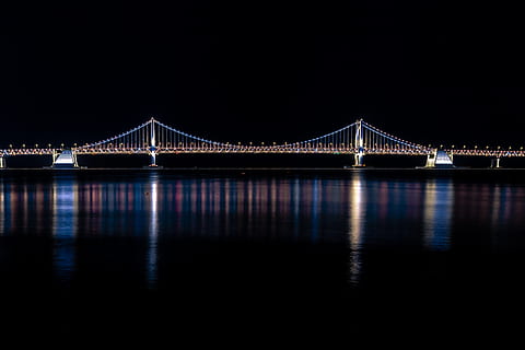 suspension bridge during nihgttime, building, south korea, busan HD wallpaper