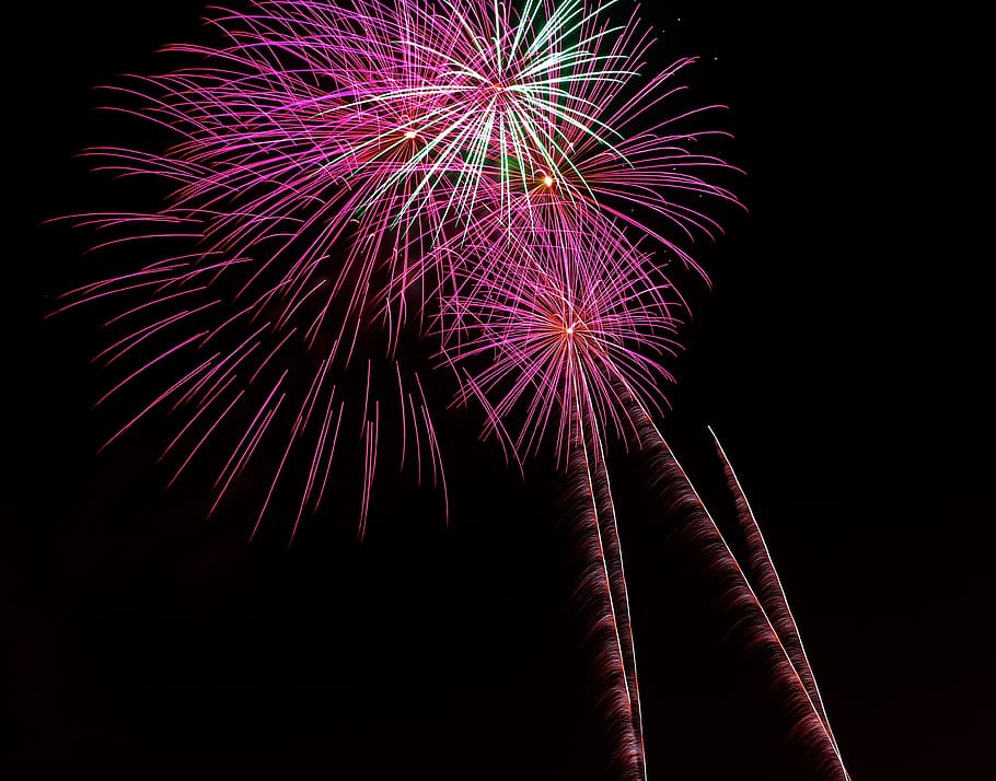 Pink and Green Fireworks, bright, colors, dark, evening, event HD wallpaper