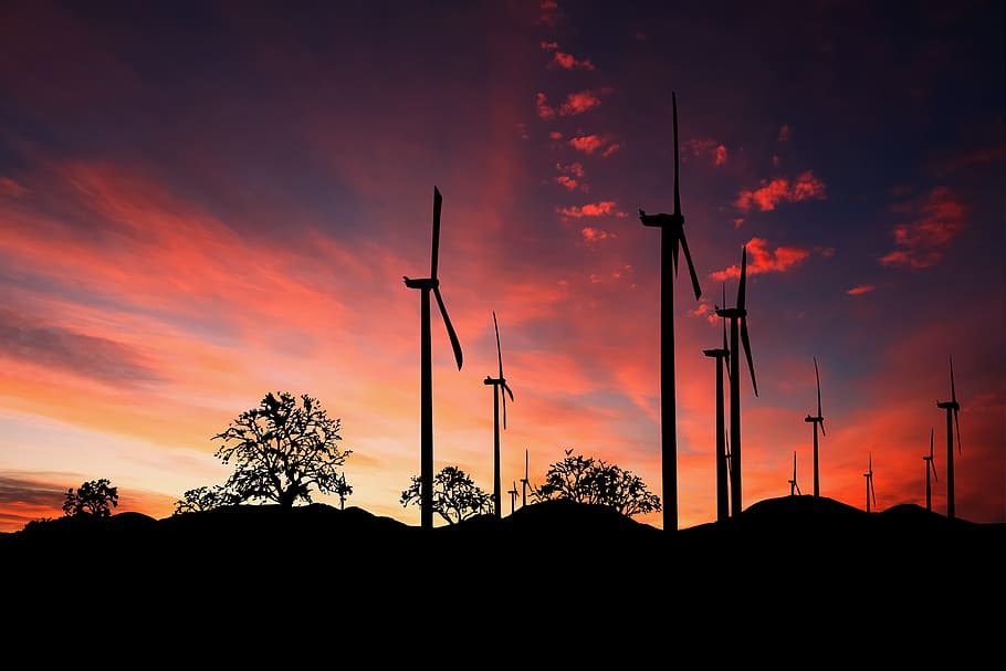 wind turbines, sunset, energy, environment, landscape, silhouette HD wallpaper
