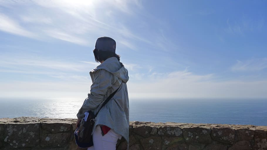 portugal, sky, sea, water, horizon over water, standing, one person HD wallpaper