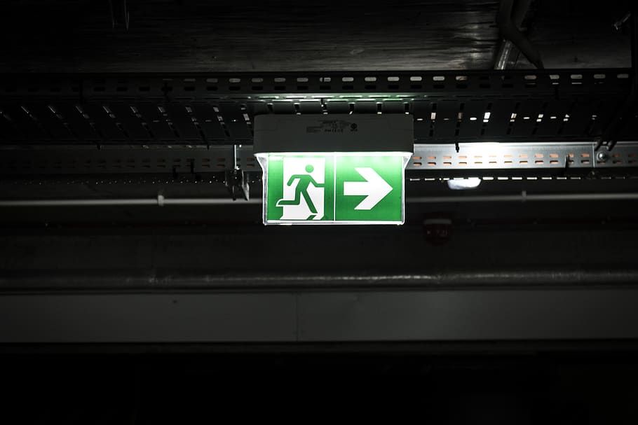 Green and White Exit Way Sign, arrow, dark, light, communication HD wallpaper