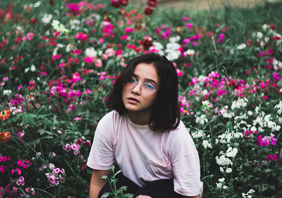 Girl in White T-shirt Surrounded by Flowers, beautiful, bloom HD wallpaper