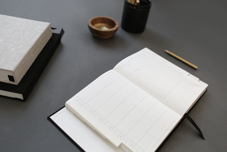 opened white notebook, cup, bowl, grey, paper, diary, date, pencil HD wallpaper