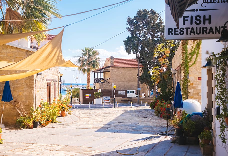 Fish Restaurant Signage in Front of Blue Umbrella, architecture HD wallpaper