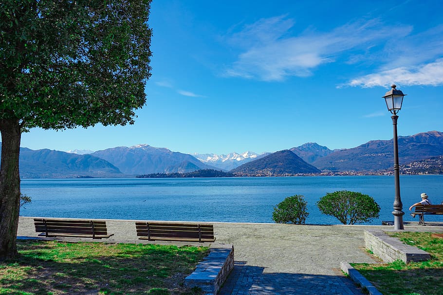 lago maggiore, laveno, varese, landscape, lombardy, italy, lamppost, HD wallpaper