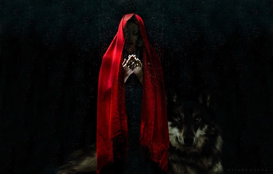 Woman Wearing Red Cloak, art, creepy, dark, eerie, hands, horror