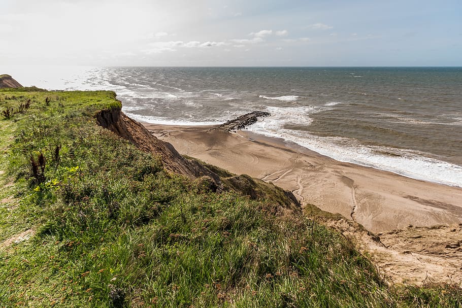 cliff, sea, denmark, coast, landscape, rock, beach, nature HD wallpaper