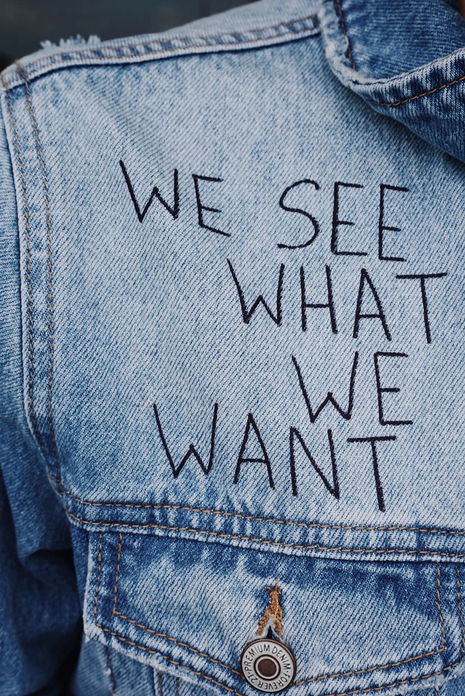 Blue Denim Collared Top With We See What We Want Text Overlay, HD wallpaper