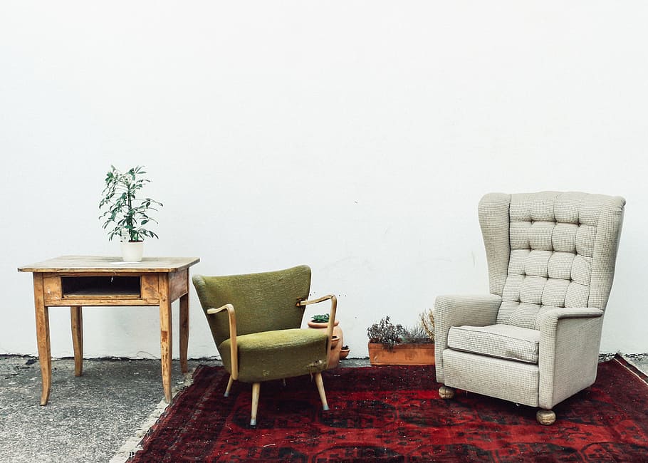 tufted gray fabric wingchair, side table, planter, pot, carpet HD wallpaper
